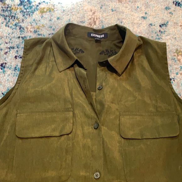 Express Women's Small Olive Green Button Down Sleeveless Shirt Black Embroidery - Picture 2 of 7